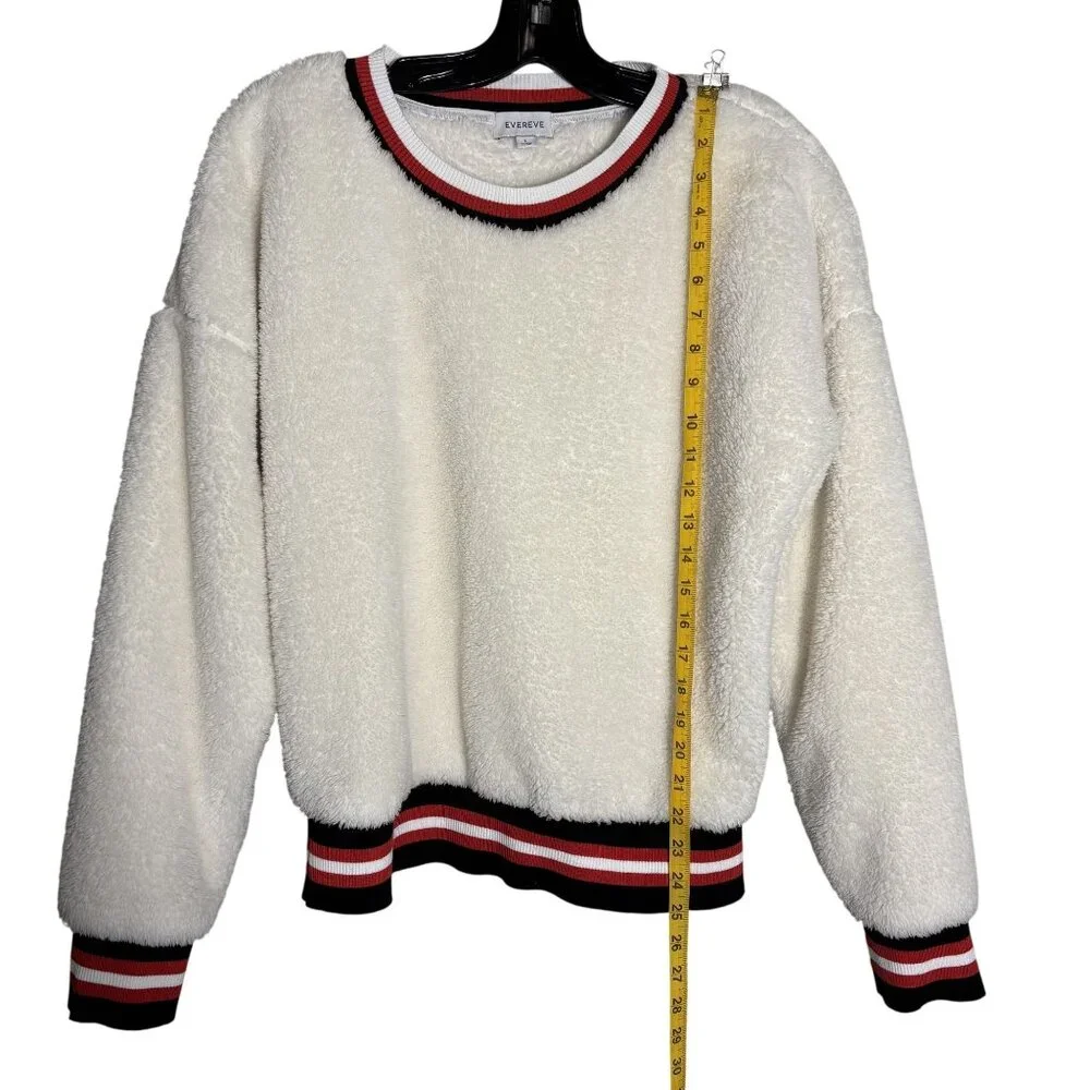 Evereve White Varsity Teddy Knit Pullover With Striped Red and Black Trim Size L - Picture 5 of 11